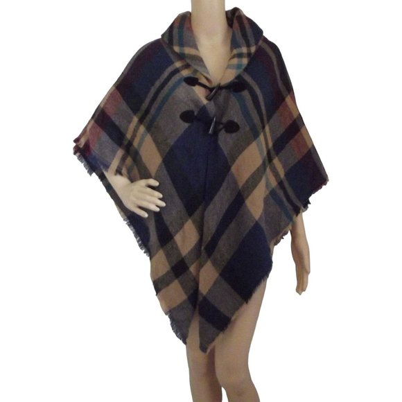 Blanket Poncho One Size OS Autumn Fall Plaid Poncho soft toggle wrap blue camel - Picture 1 of 9